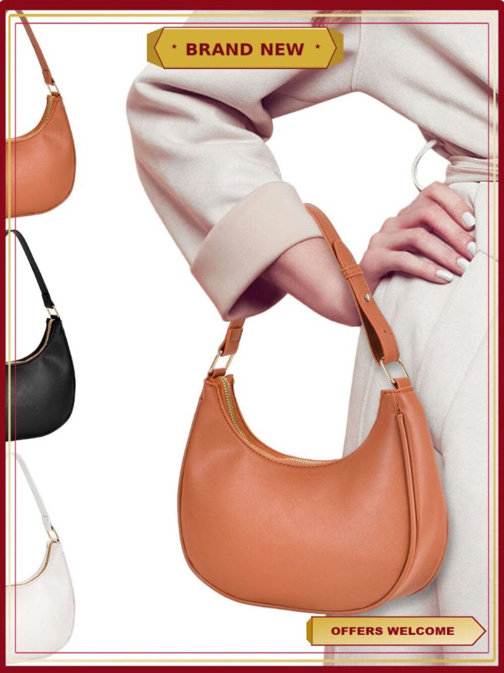 Crescent Shoulder Bag PU Leather Hobo Purse with Extension Strap